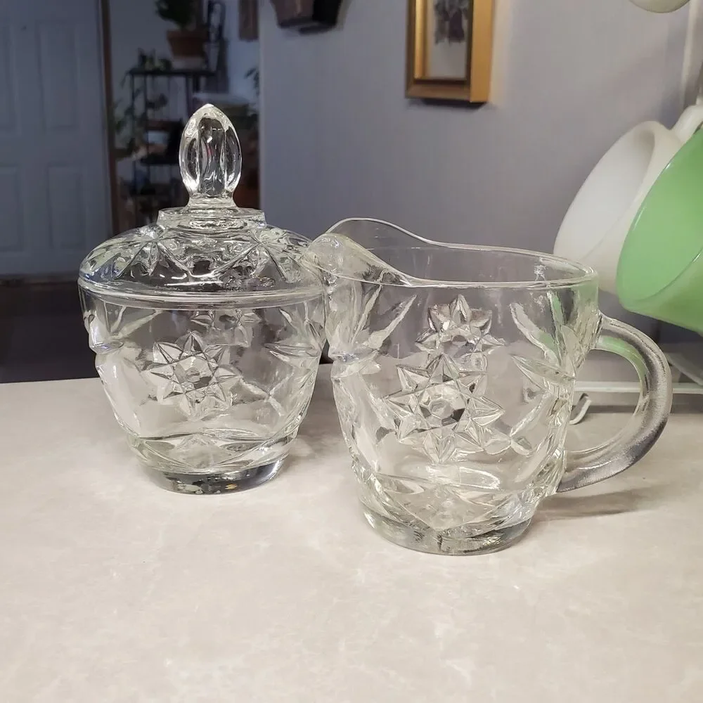Anchor Hocking Early American Prescut Glass EAPC Clear Sugar Bowl, Lid & Creamer